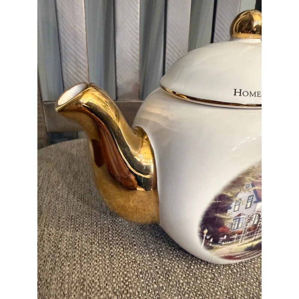 Thomas Kinkade Teleflora Teapot Home Is Where The Heart Is II Gold Trim Ceramic